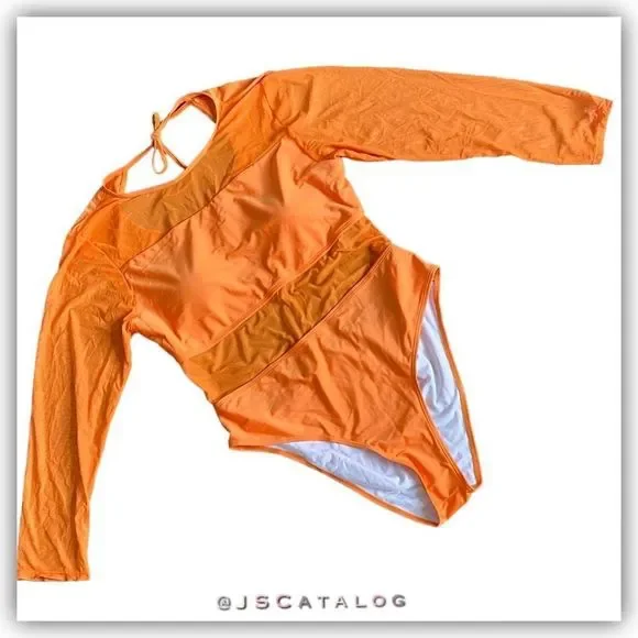NEW Plus Size Solid Orange Long Sleeves One Piece Swimsuit - Size 3XL